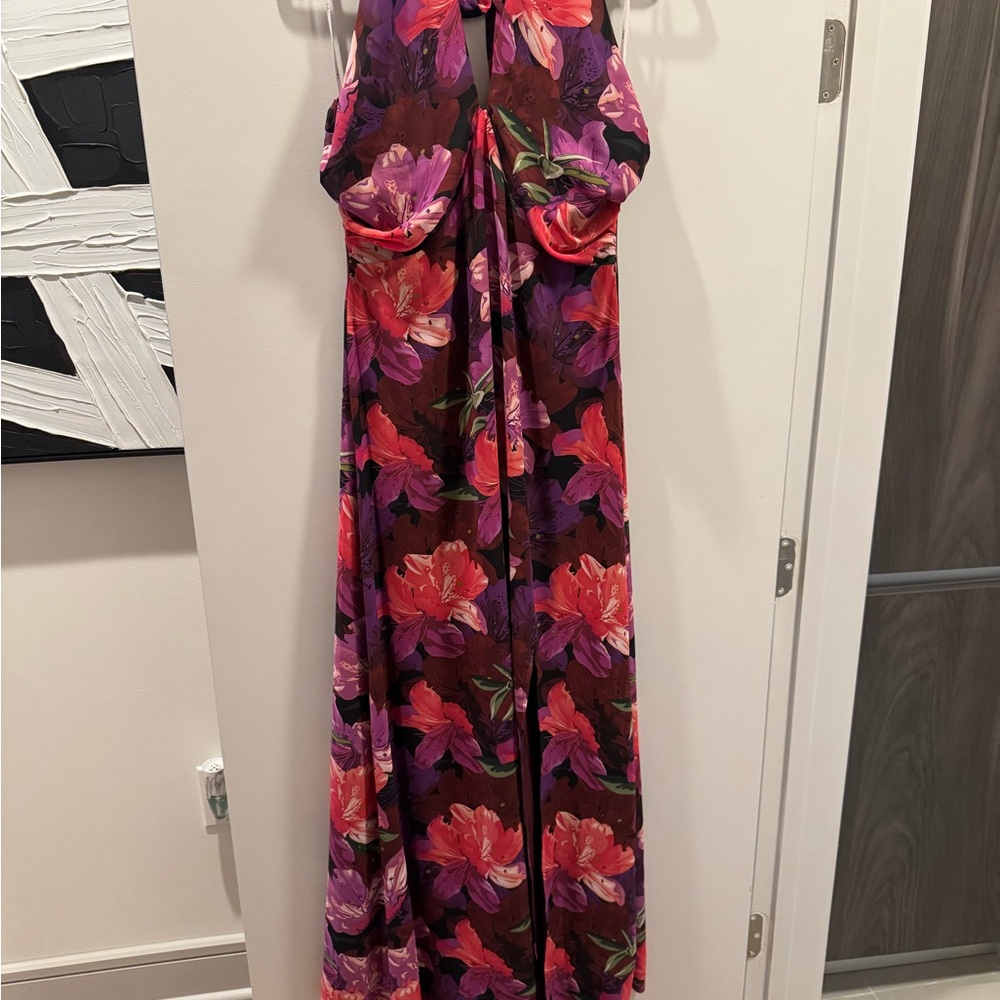 Lulus forever gorgeous burgundy multi floral print halter maxi dress
